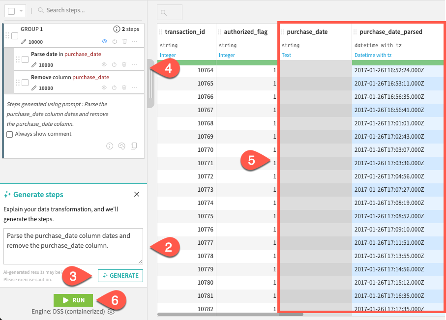 A Dataiku screenshot of the generated steps along with the original prompt and the result on the dataset.