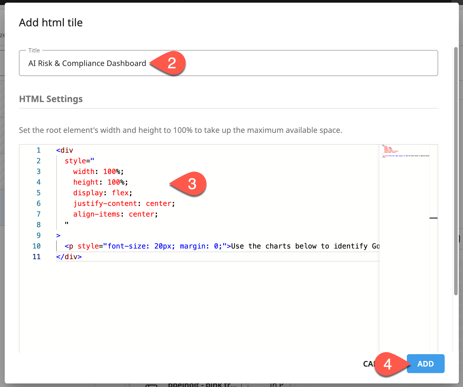 Dataiku screenshot of an HTML tile in a custom grid page.
