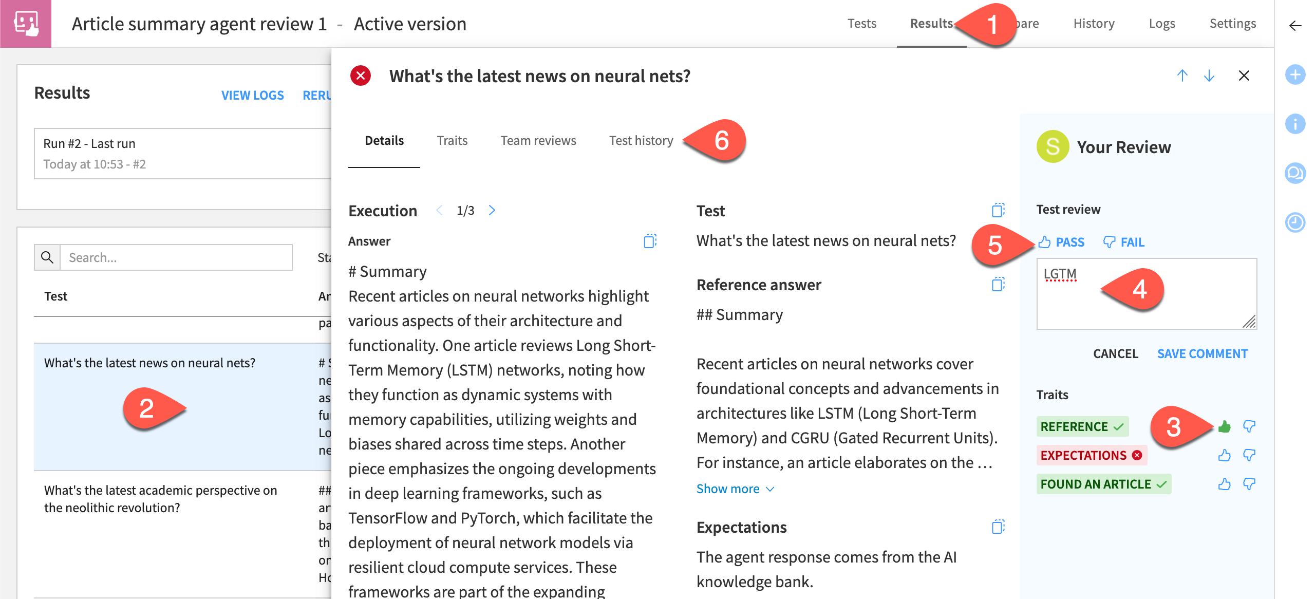 Dataiku screenshot of a human-reviewed agent test.