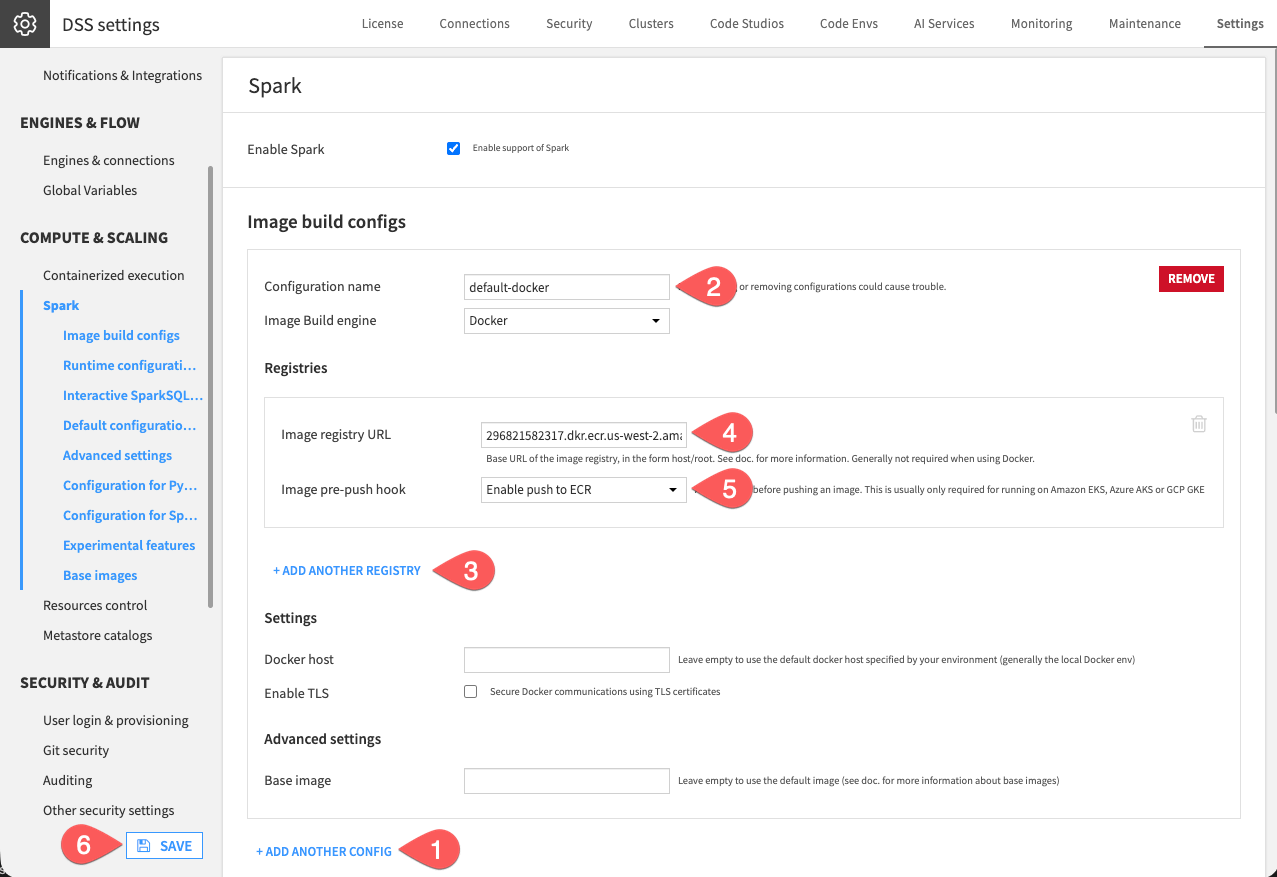 Screenshot of a Spark settings page, section Image build configs.
