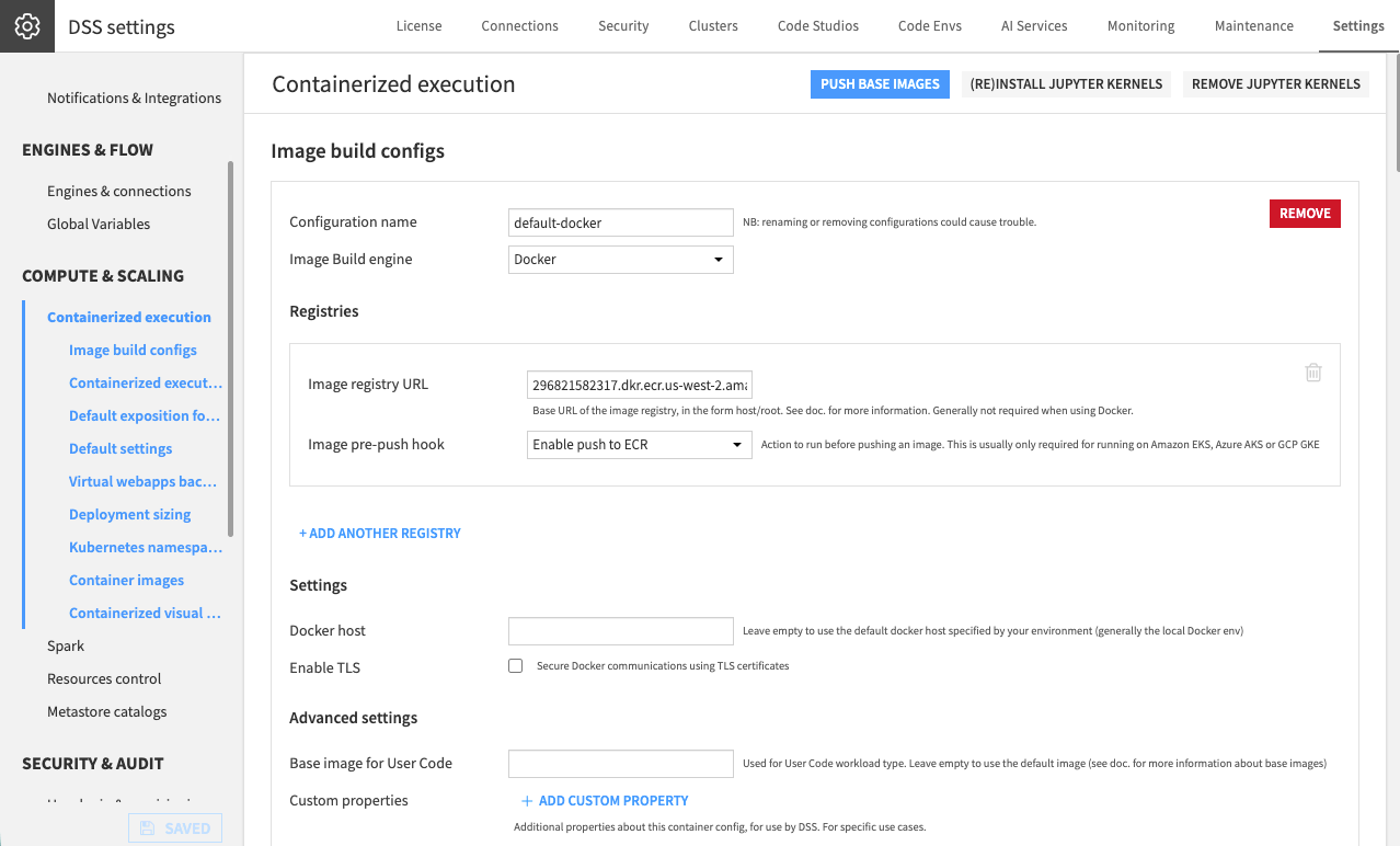 Screenshot of an image build config, showing the image registry URL and pre-push hook.