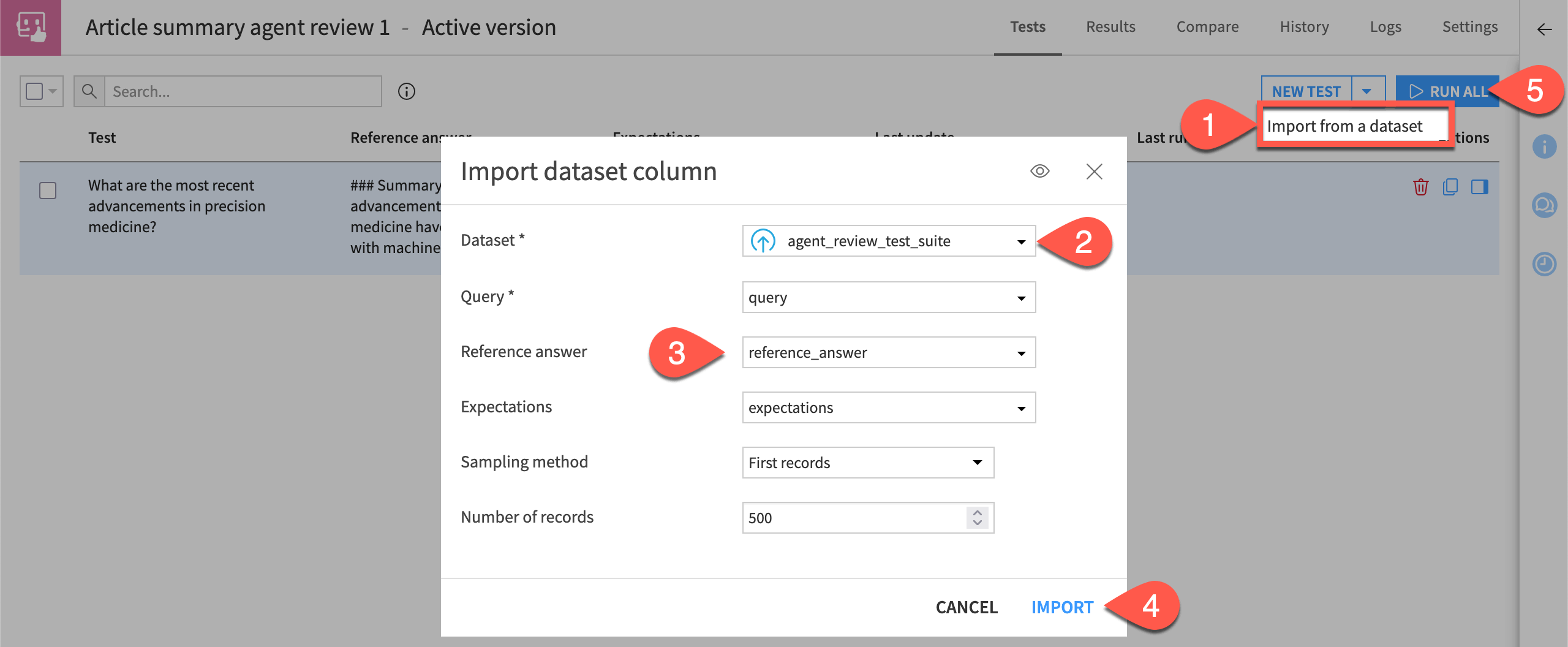 Dataiku screenshot of the dialog to import agent review tests from a dataset.