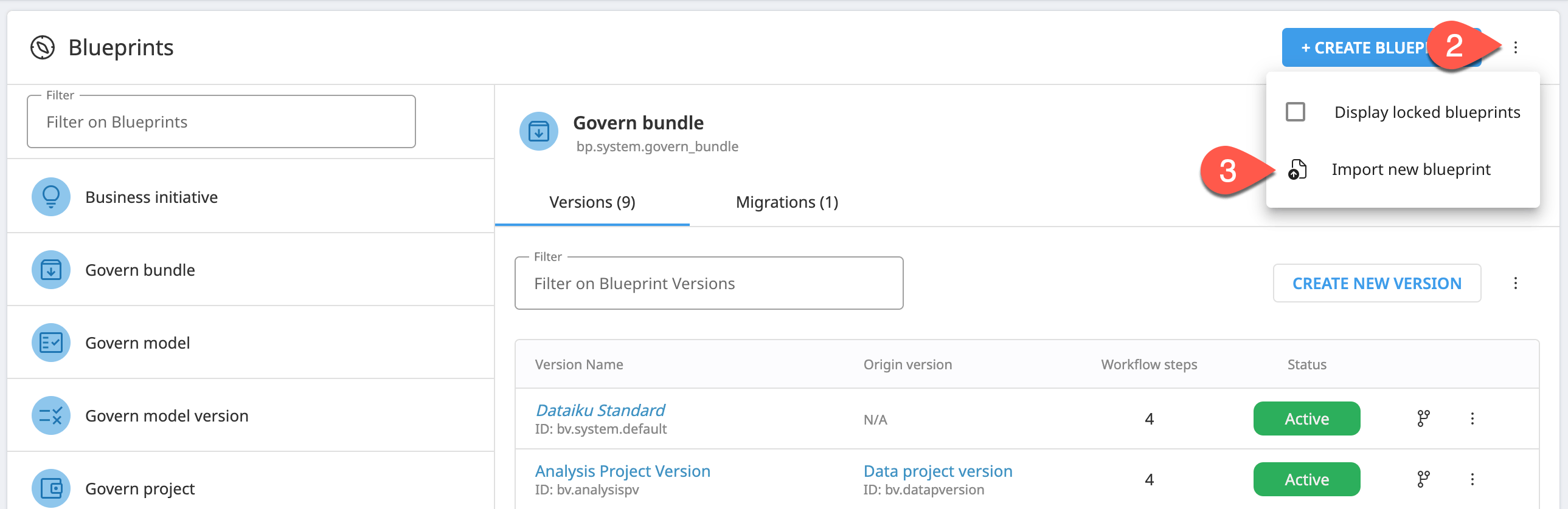 Dataiku screenshot highlighting the vertical dot menu and the import new blueprint button.