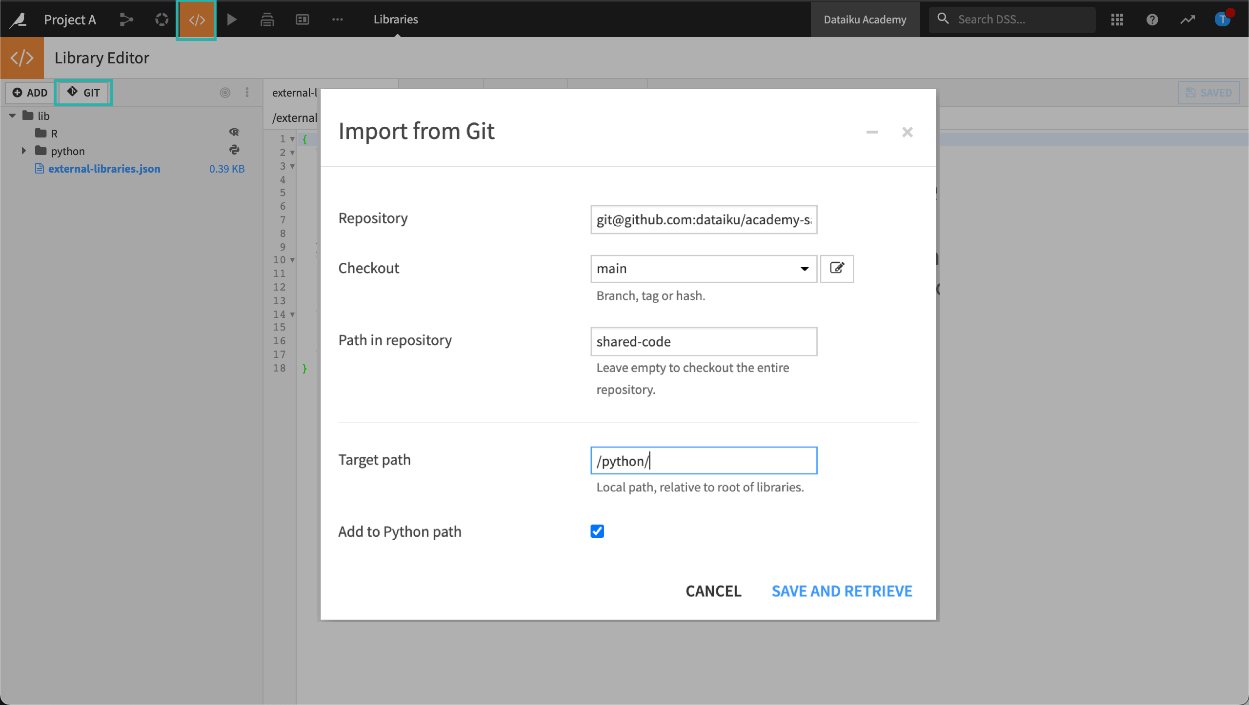 Screenshot of the Git import dialogue.