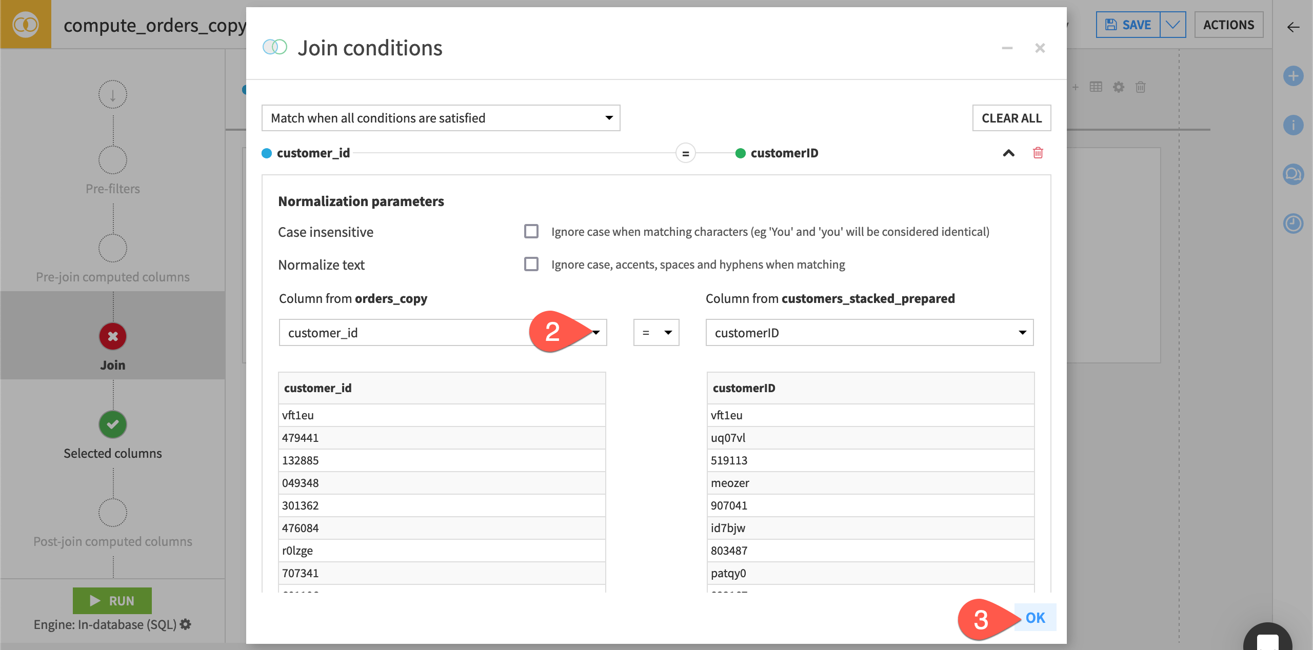 Dataiku screenshot of the condition of a Join recipe.