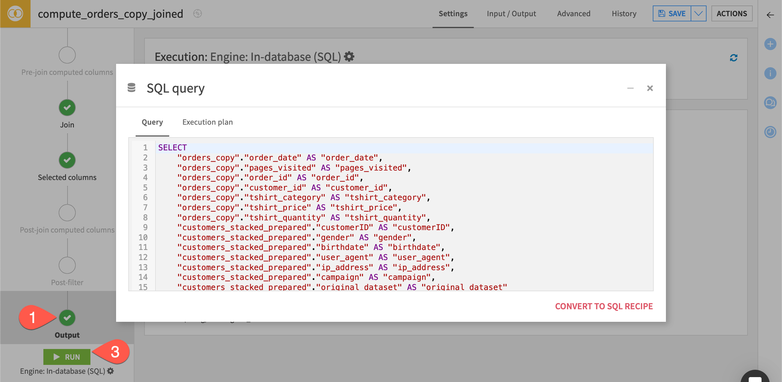 Dataiku screenshot of the SQL query of a Join recipe.