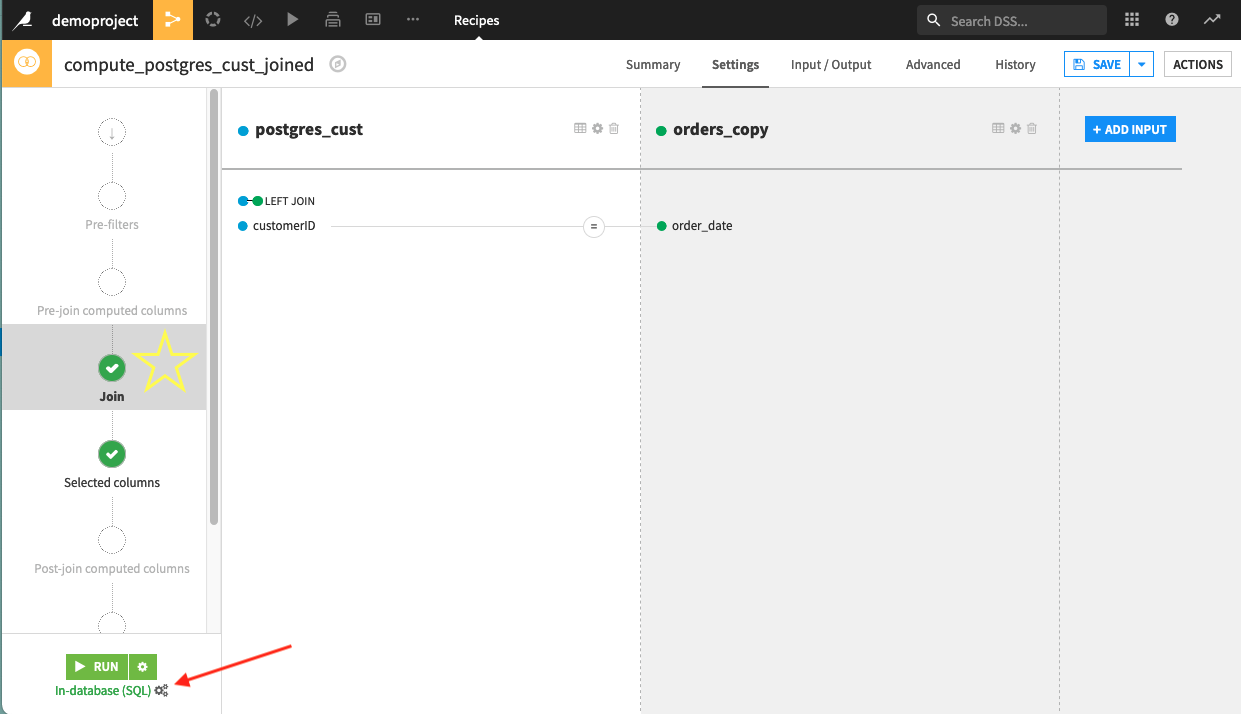 Recipe with in-database SQL engine selected.