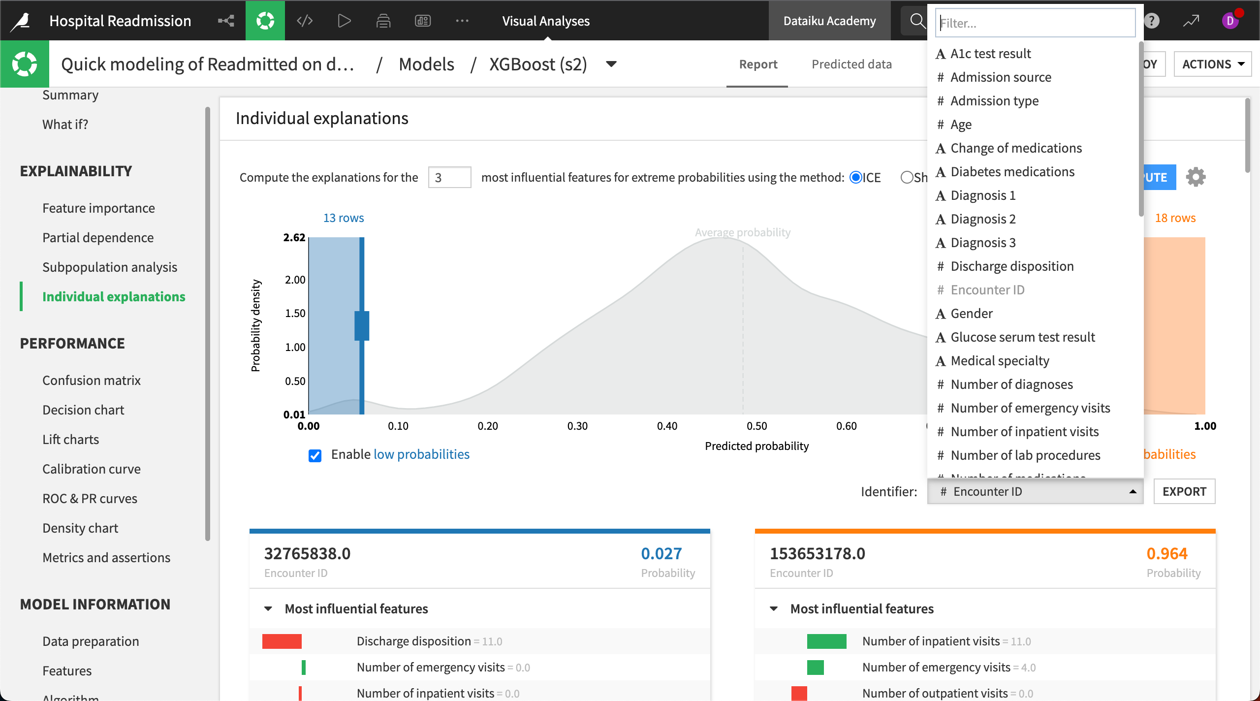 Individual explanations feature showing possible individual record identifier columns.