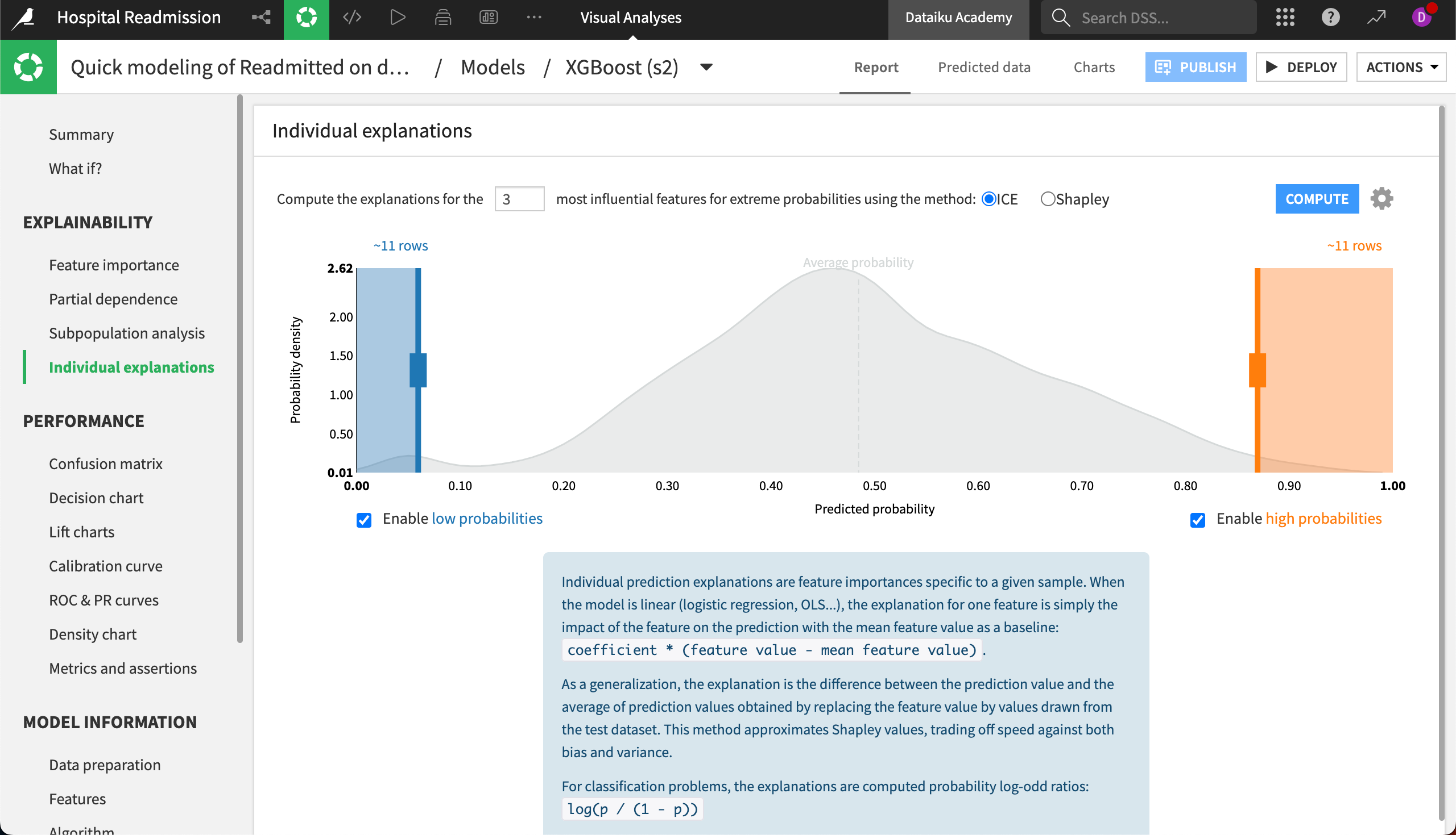 Individual explanations panel in a model summary page.