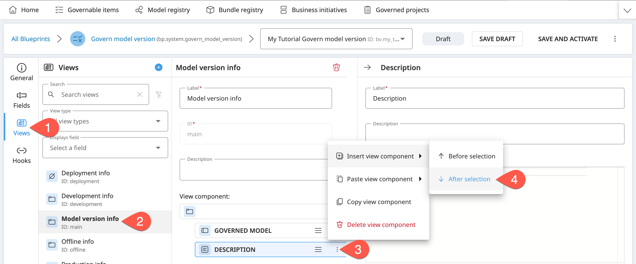 Dataiku screenshot of the path for inserting a view component.