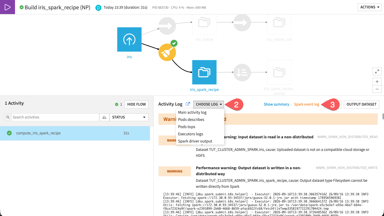 Screenshot of the job logs and how to access the Spark History Server.