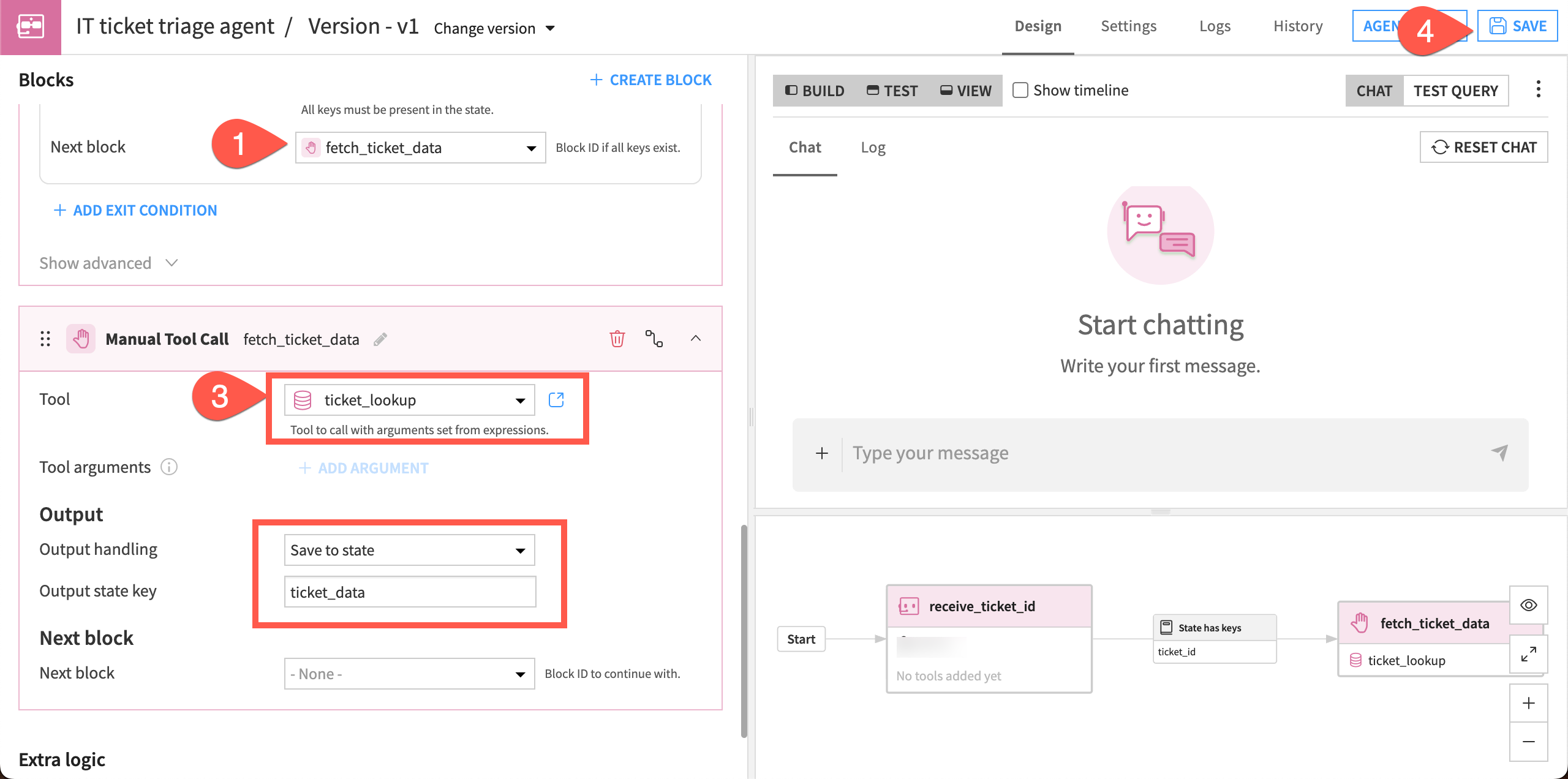 Screenshot of the steps to create a block to lookup ticket data.