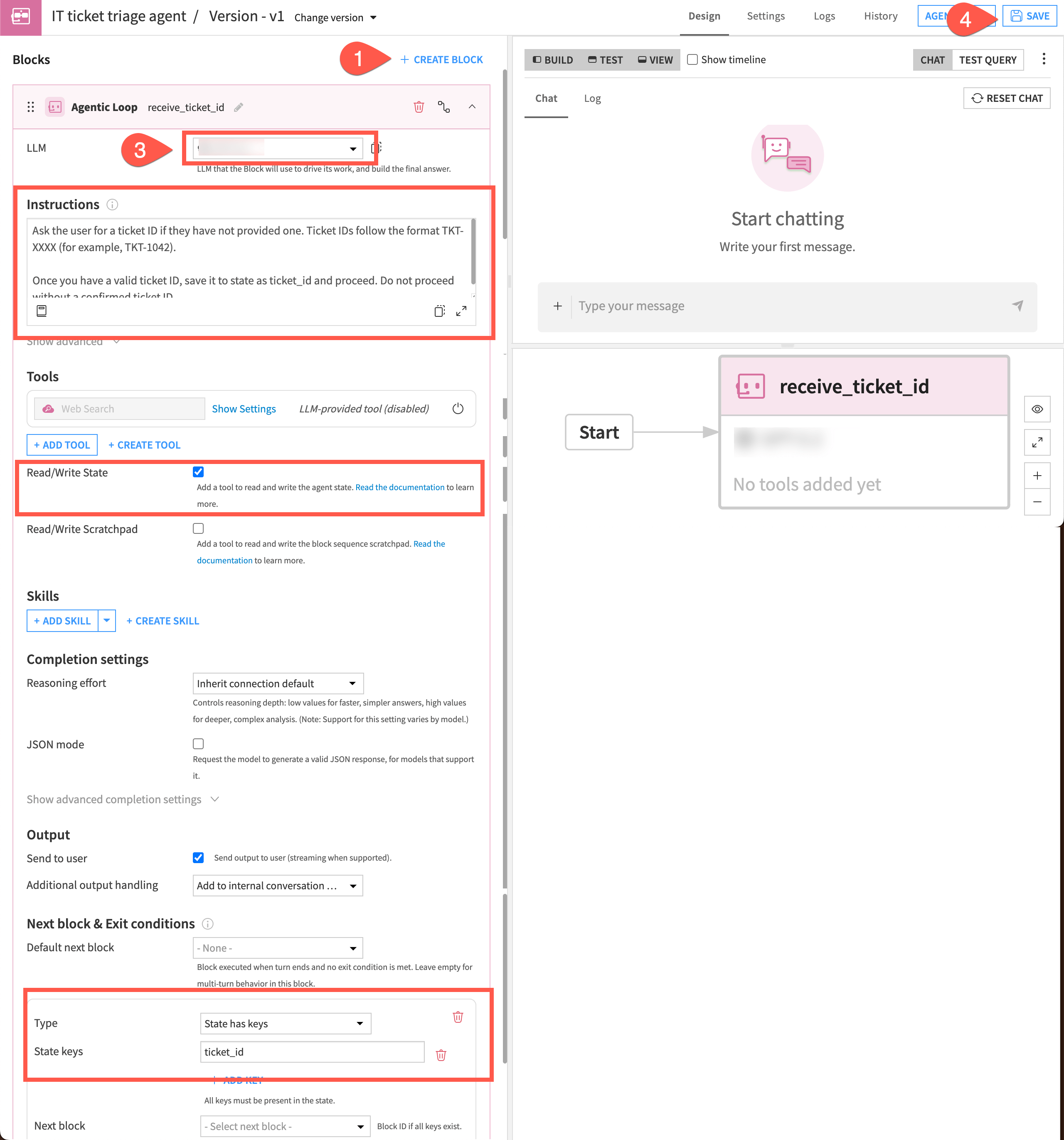 Screenshot of the steps to create the agent block to take the ticket ID.