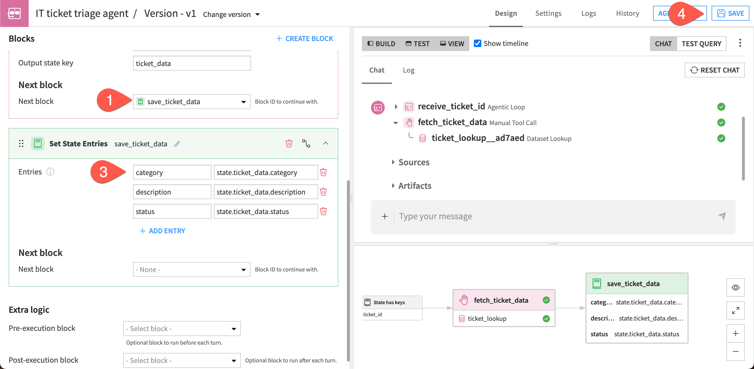 Screenshot of the steps to create a Set State Entries block.