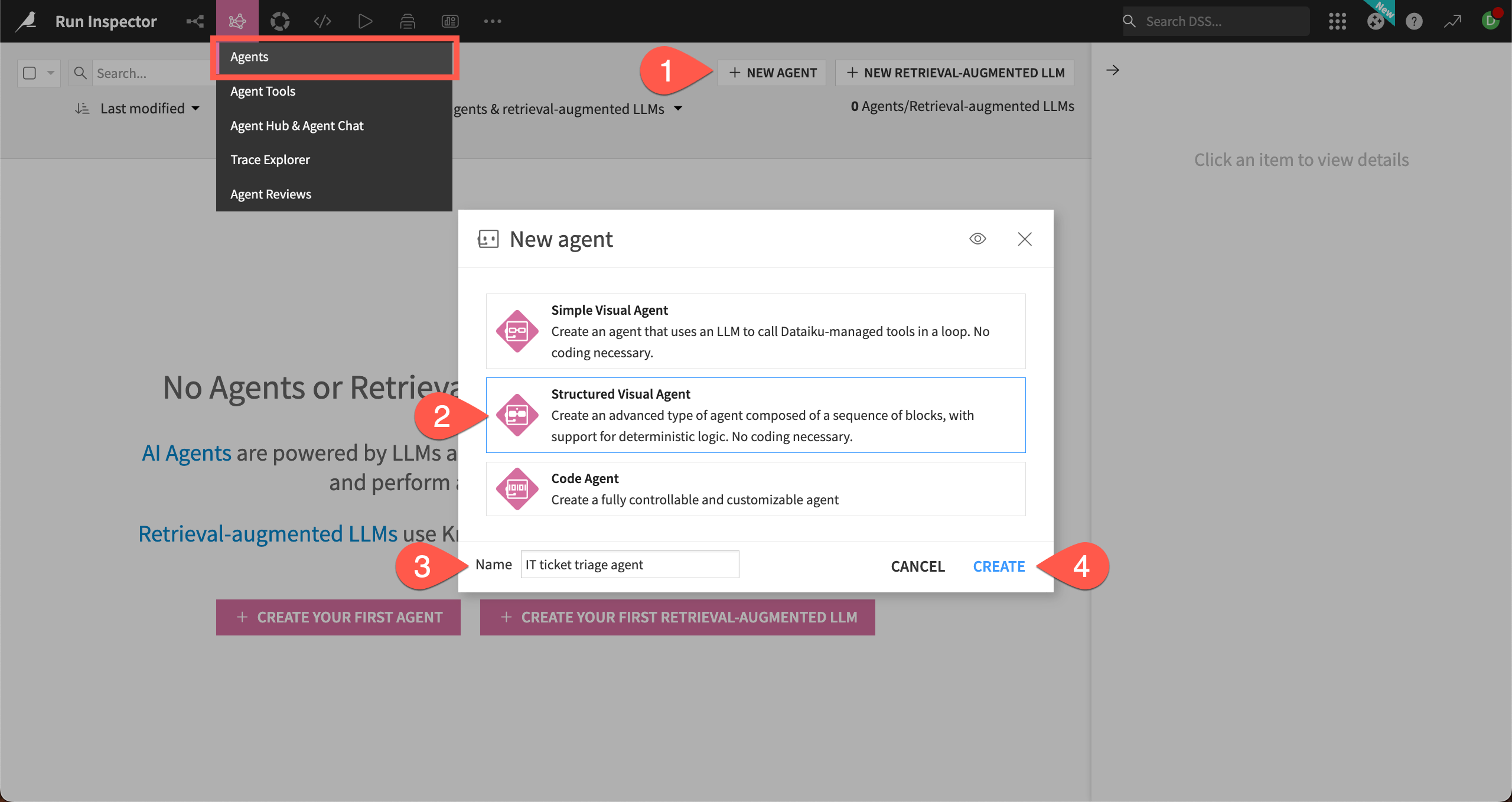 Screenshot of the steps to create a new structured agent.