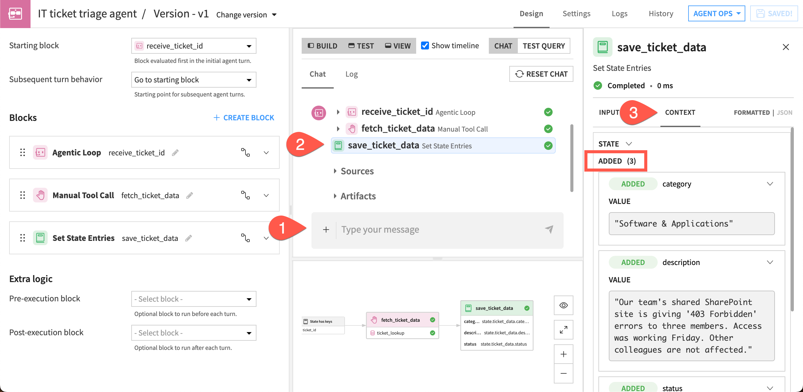 Screenshot of the steps to view context from the save_ticket_data block.