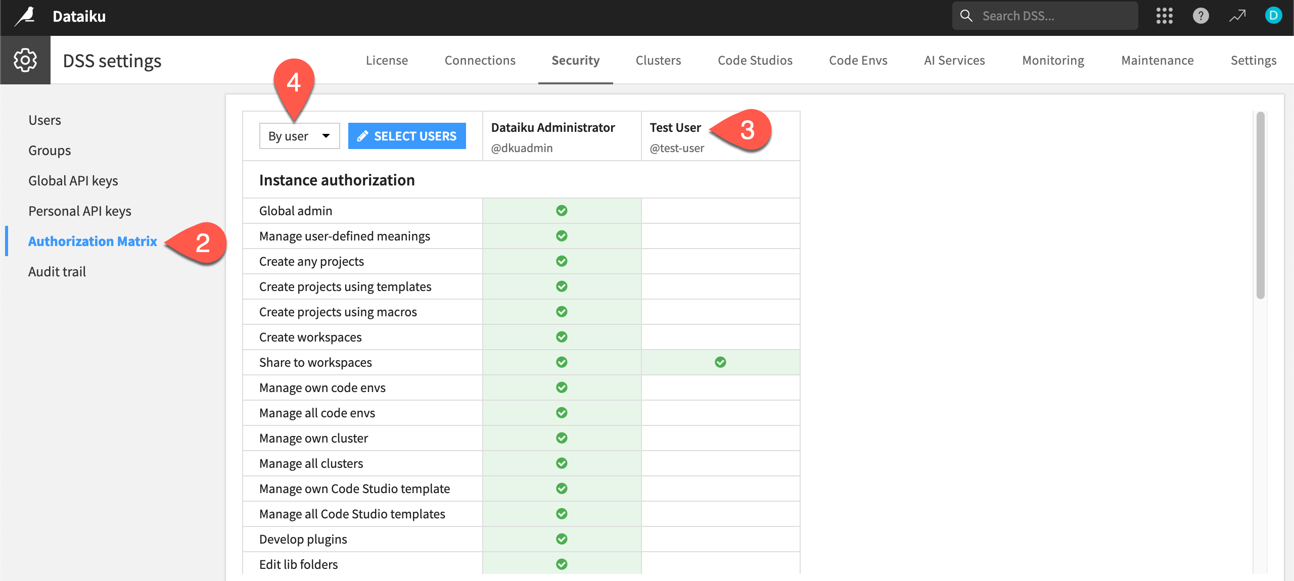Dataiku screenshot of the Authorization Matrix at the instance level.
