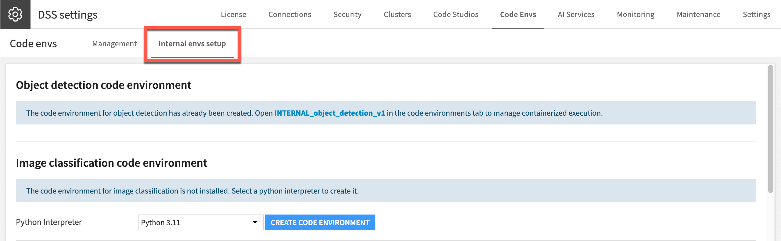 Dataiku screenshot of the Internal envs setup page.
