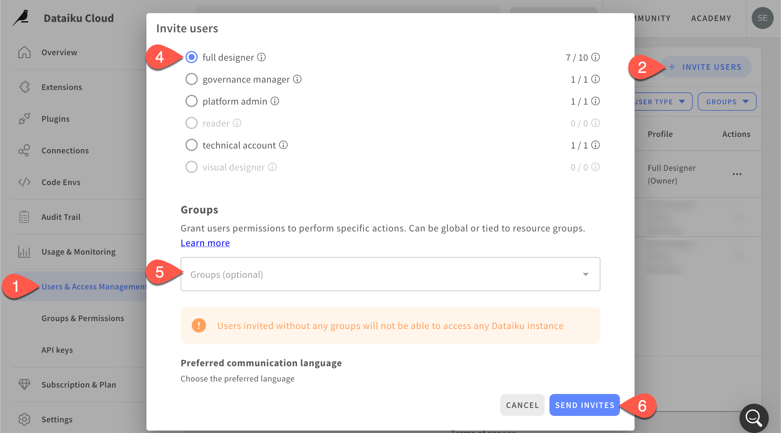 Dataiku screenshot of the dialog for inviting a user.
