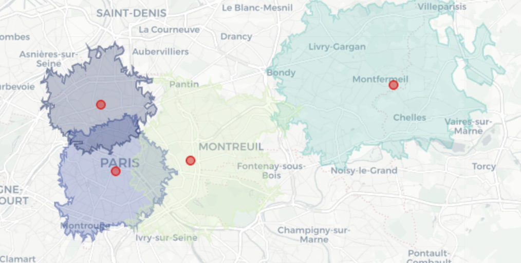 Dataiku screenshot showing drive-time catchment polygons around sites.