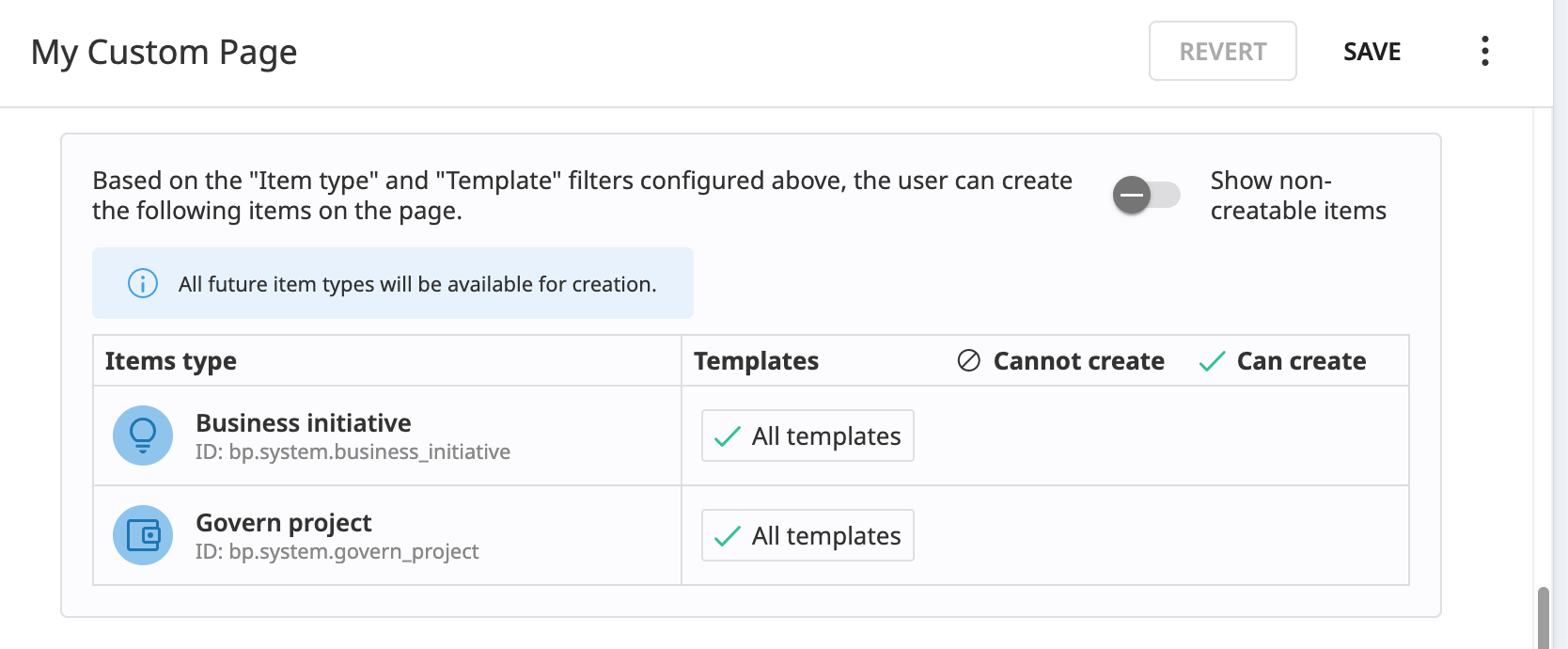 Dataiku screenshot of the settings to create items.