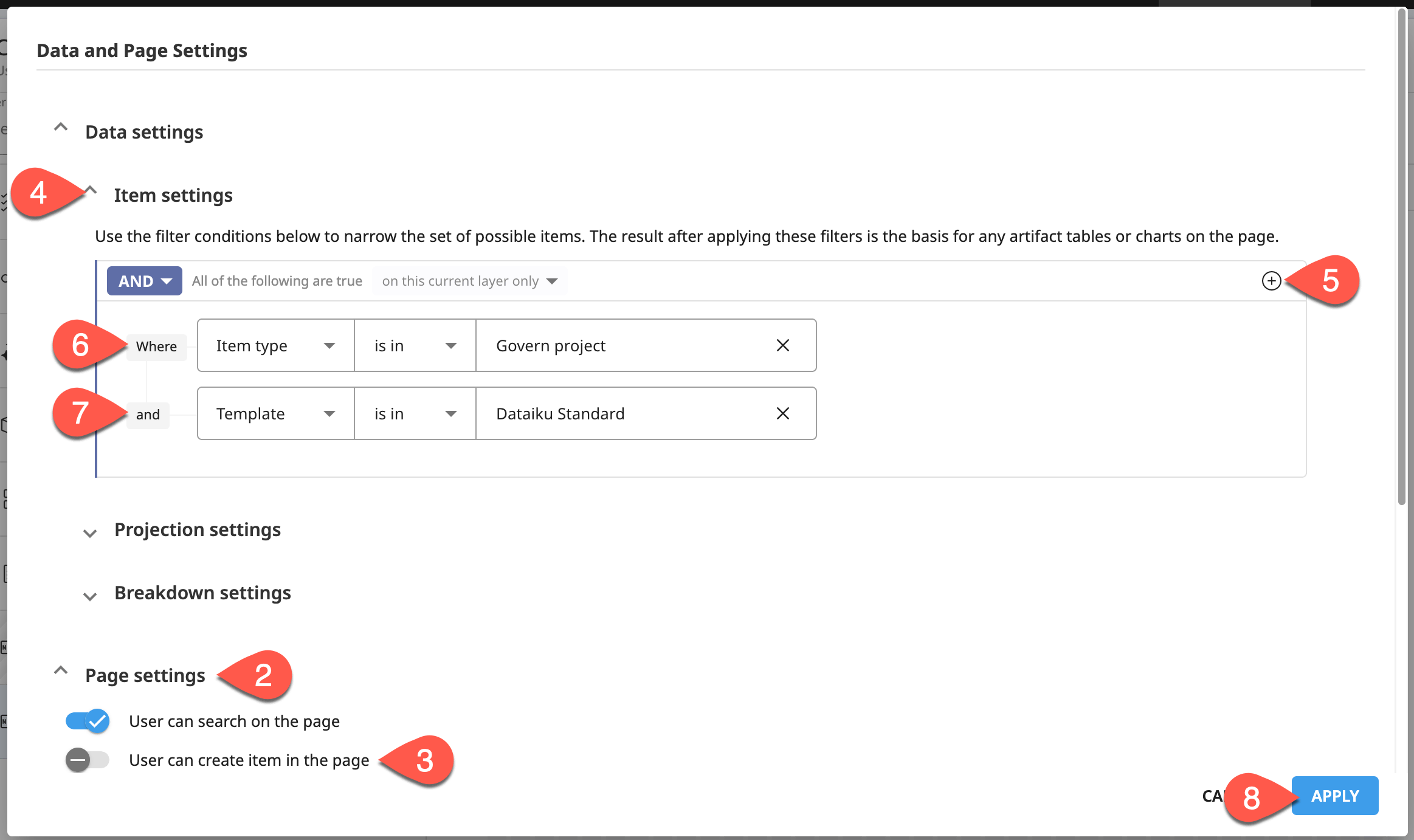 Dataiku screenshot of item filters on a custom page.