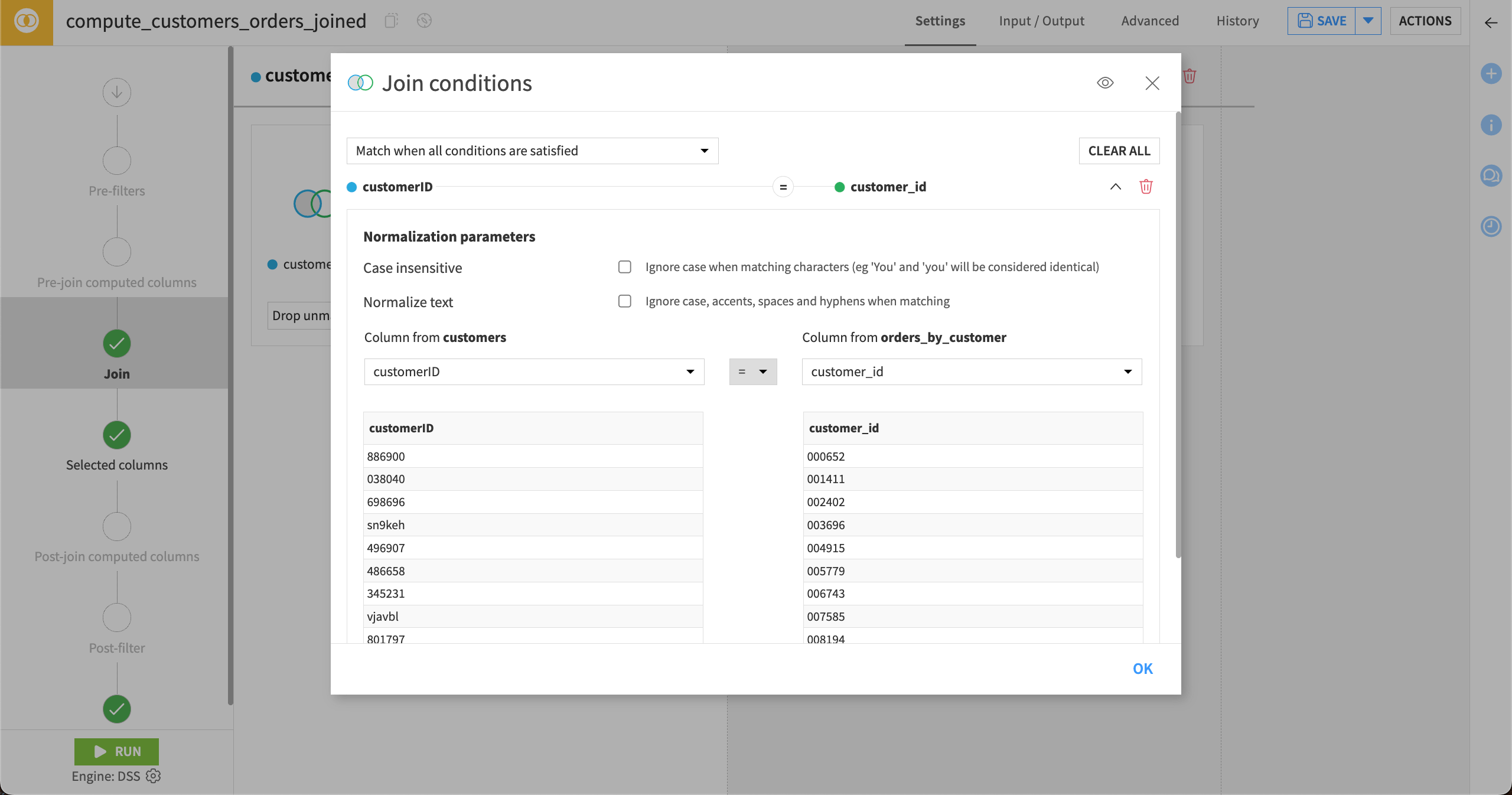 Screenshot showing the join conditions dialog.
