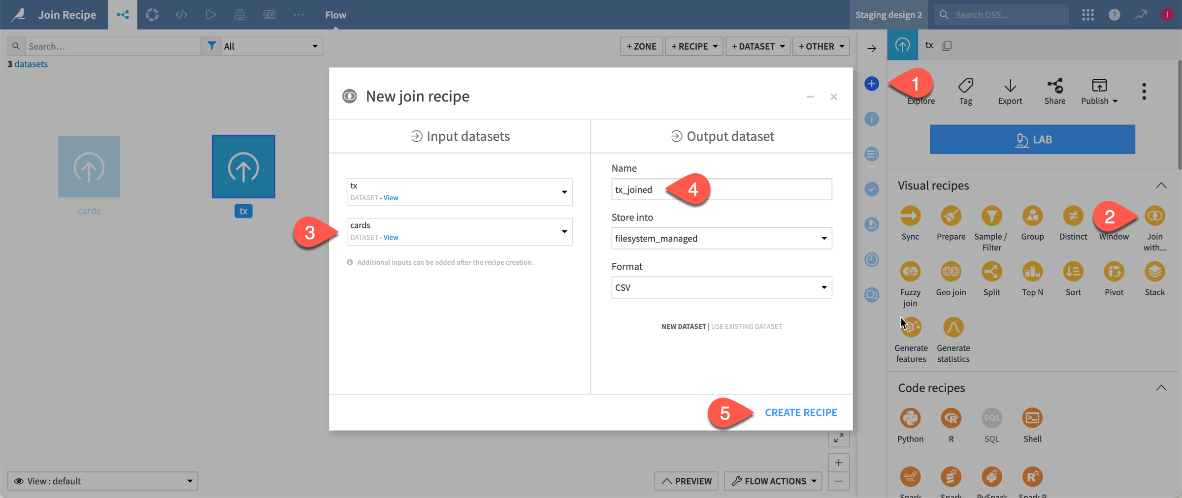 Screenshot of the New join recipe dialog box with two input datasets selected.