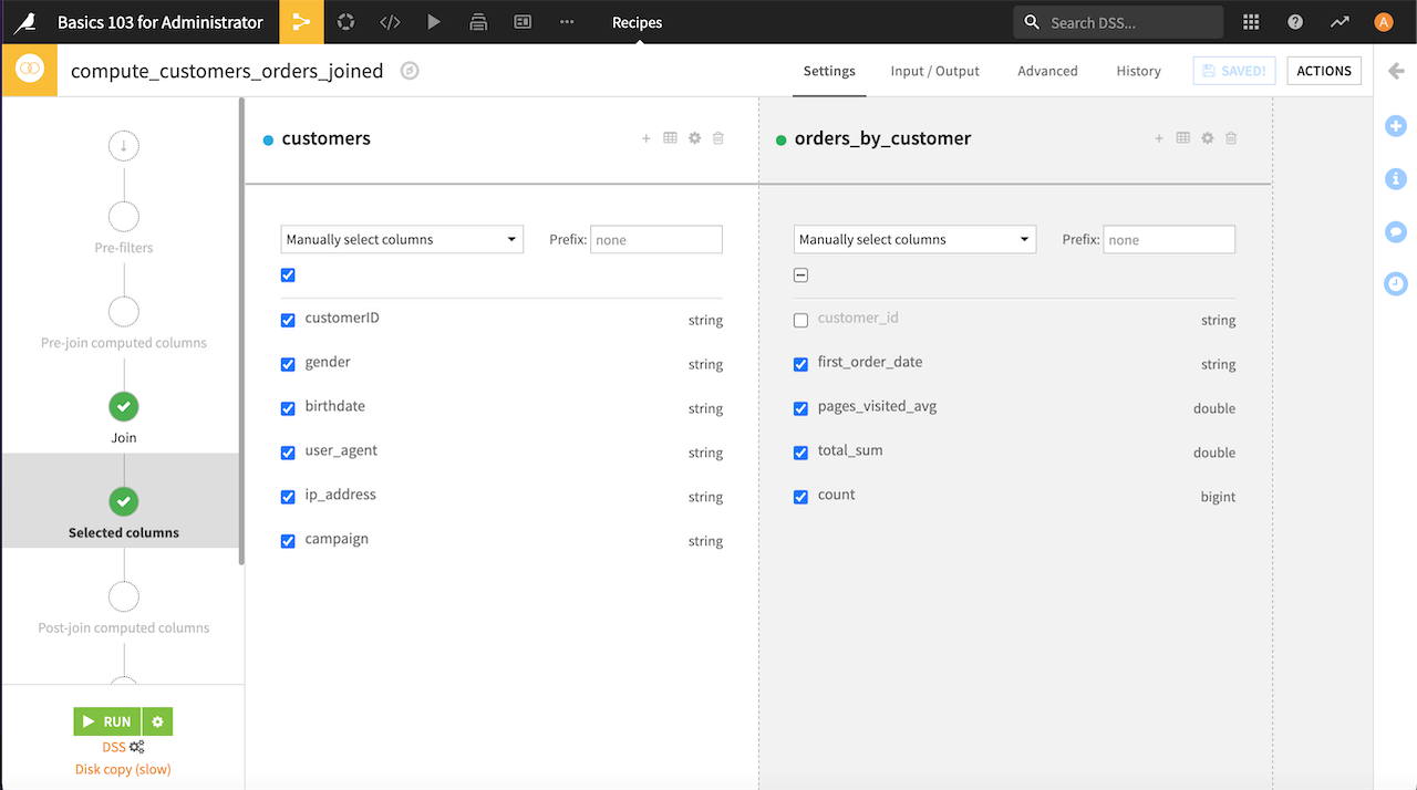 Screenshot showing the Selected columns step of a Join recipe.