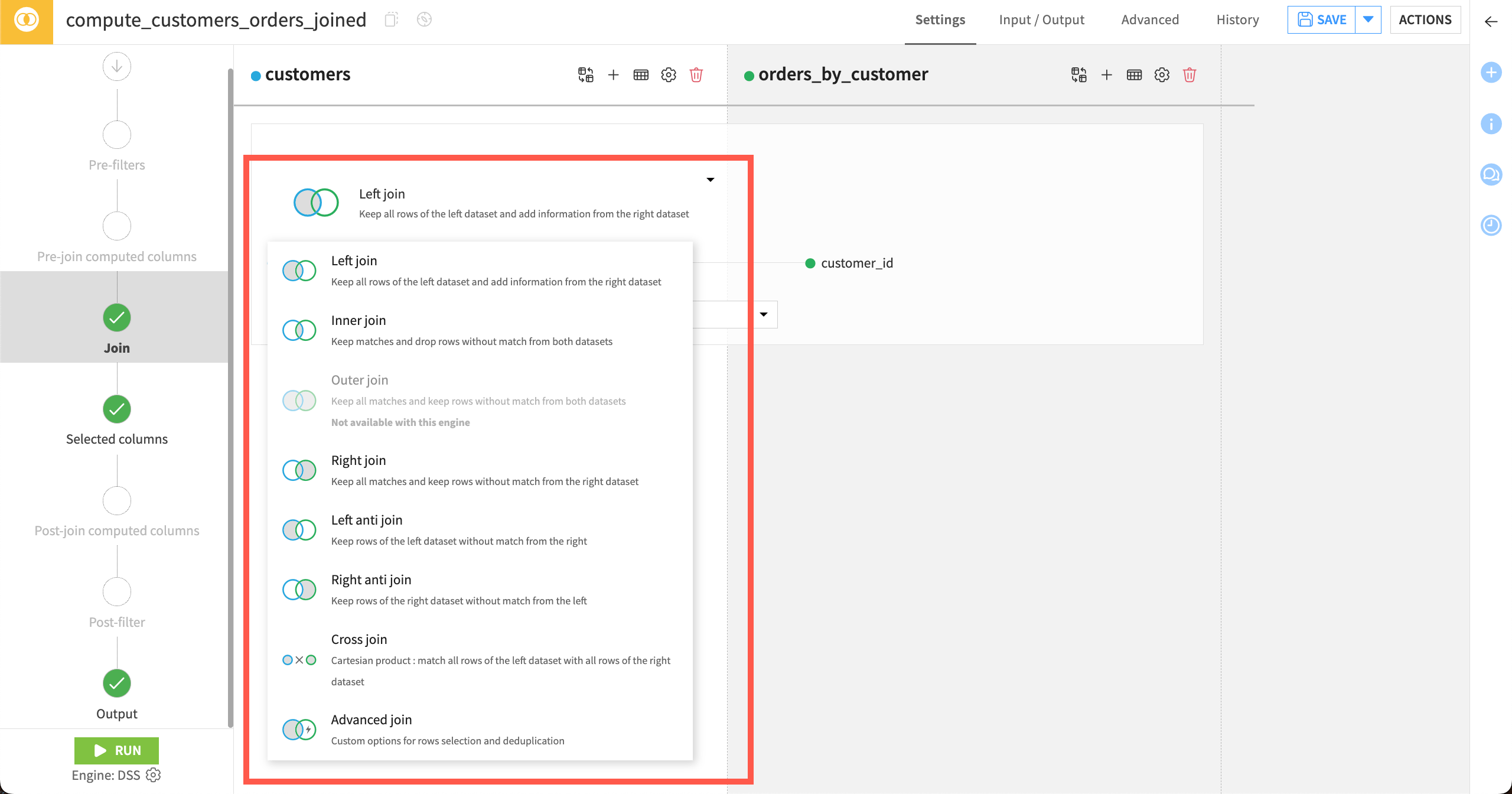 Screenshot showing the join types in Dataiku.