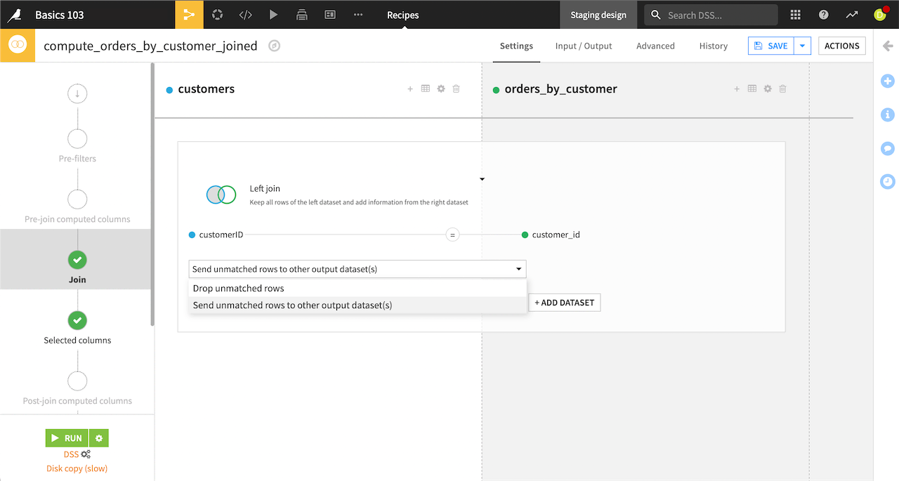 Screenshot showing the option to Send unmatched rows to other output dataset(s).