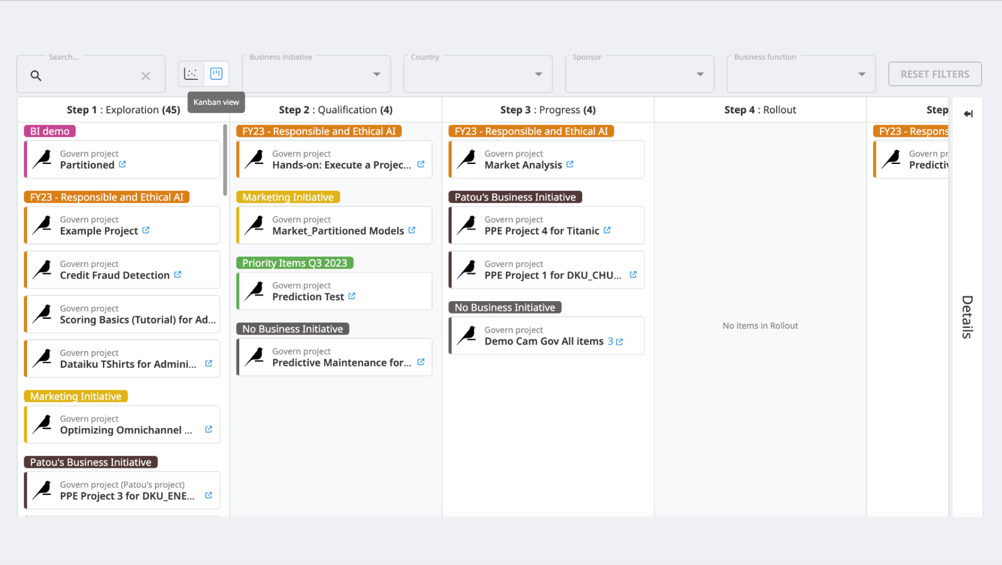 Dataiku Govern screenshot of the Kanban view on the governed projects page.