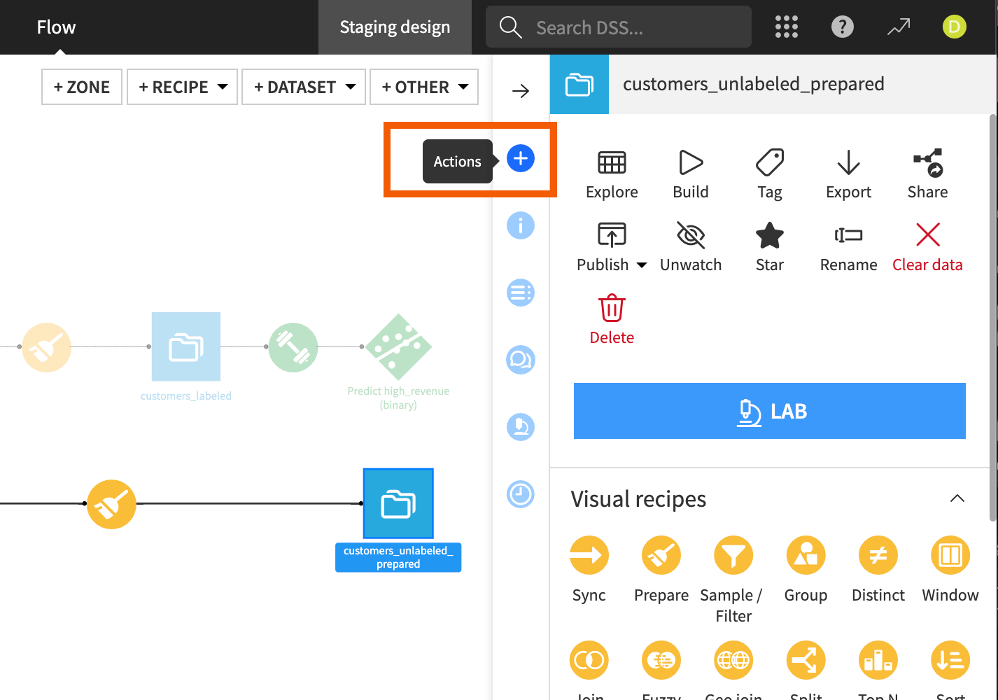 Screenshot of the Actions tab options for a dataset.