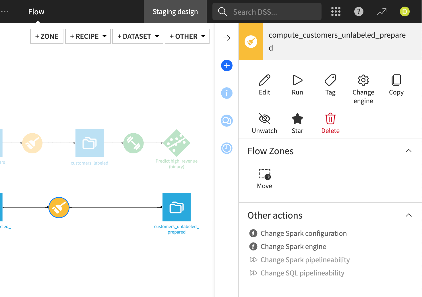 Screenshot of the Actions tab options for a recipe.