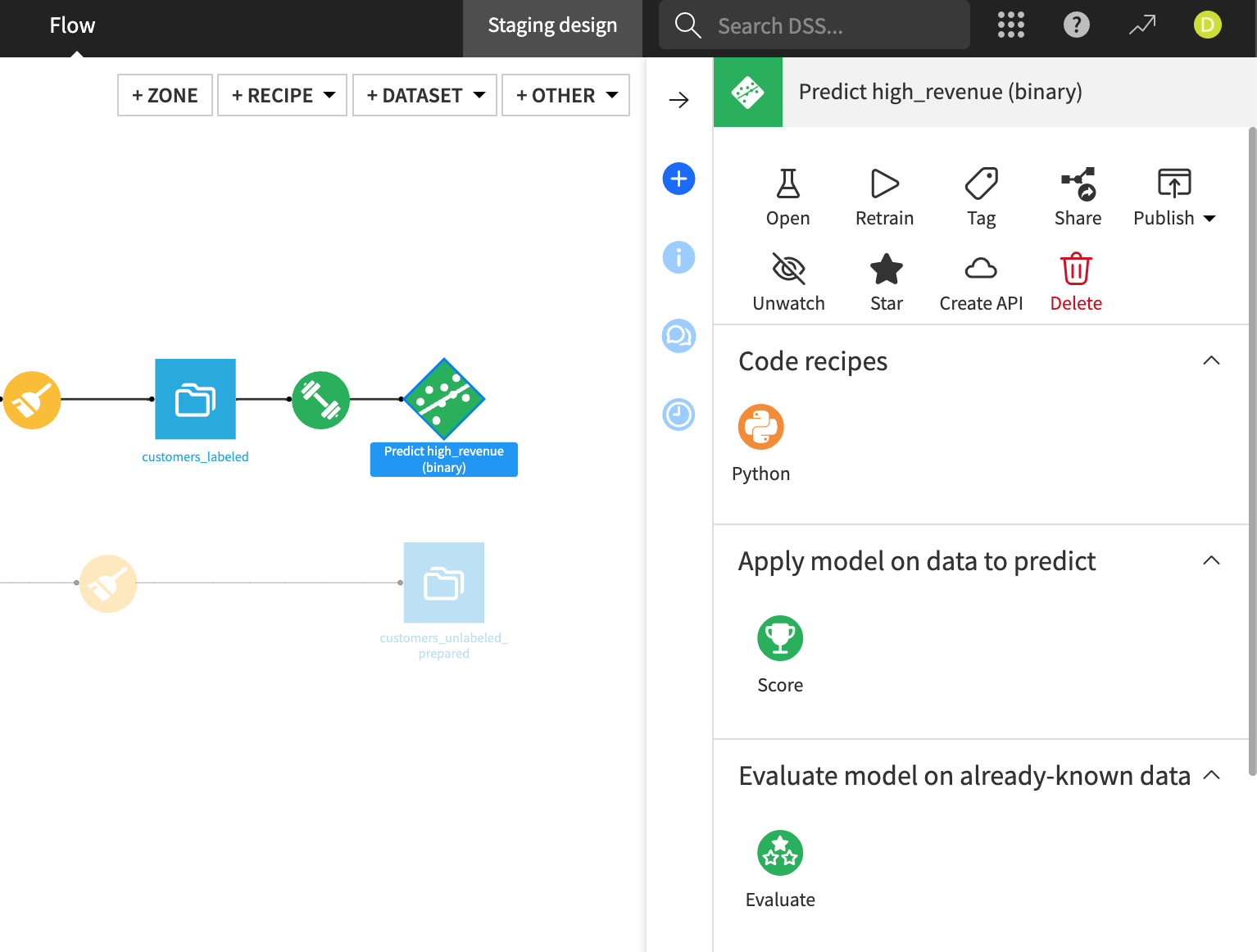 Screenshot of the Actions tab options for a model.