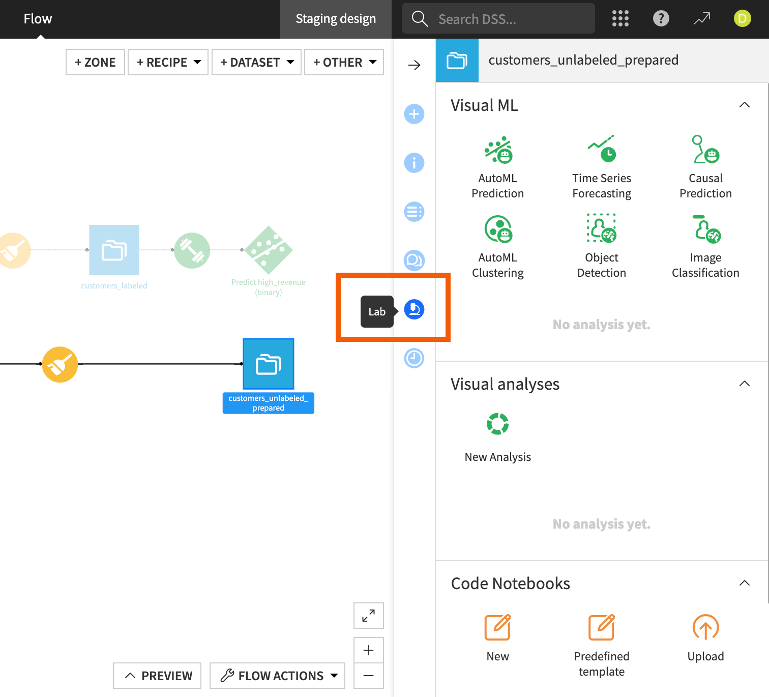 Screenshot of the Lab tab options for a dataset.