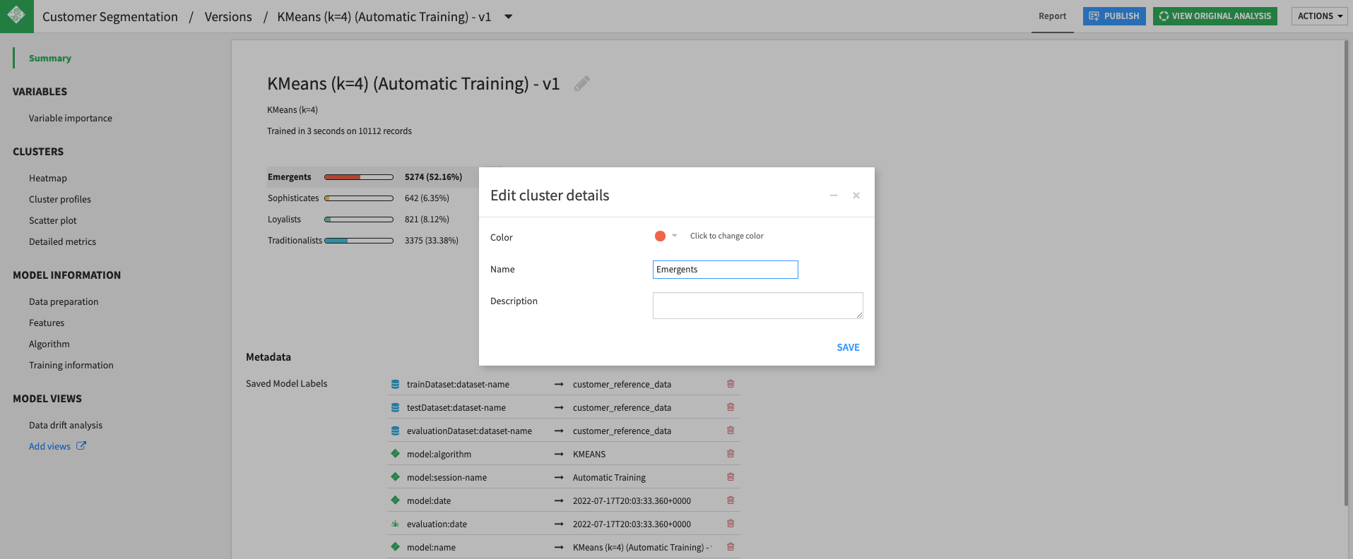 K-Means settings.