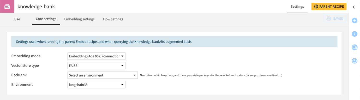 Screenshot of the Core settings tab of a knowledge bank.