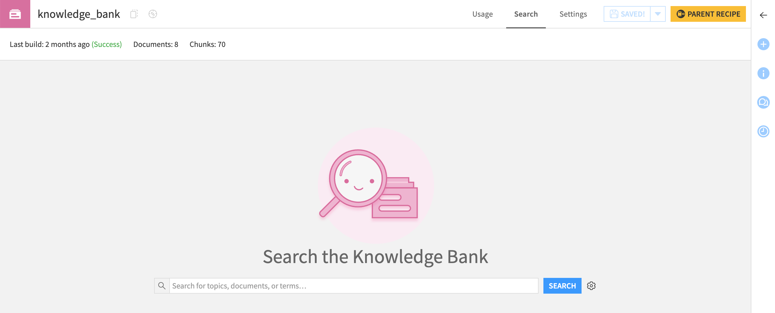 Screenshot of the Search tab of a knowledge bank.