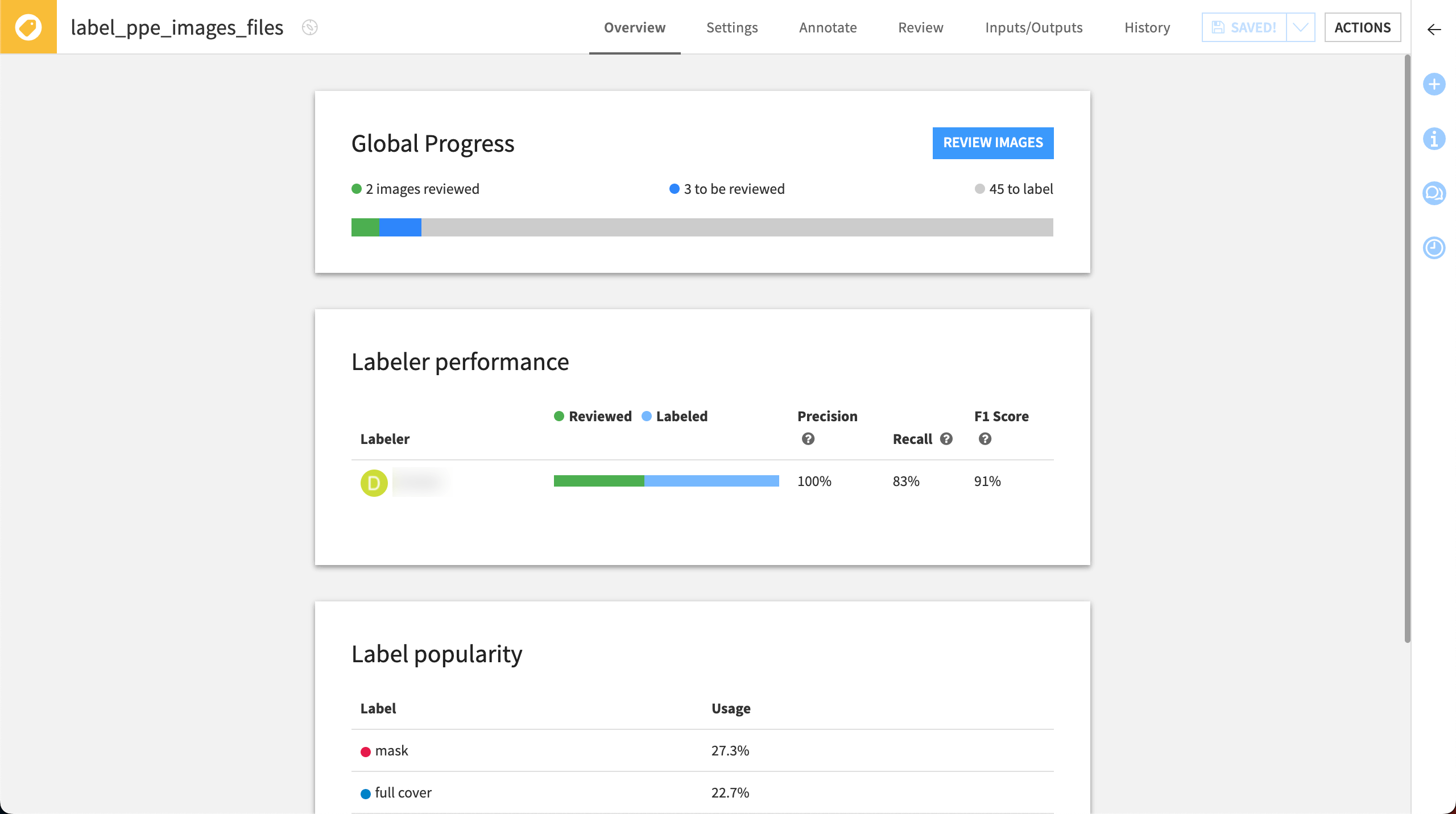 The Overview tab, showing progress of the project.