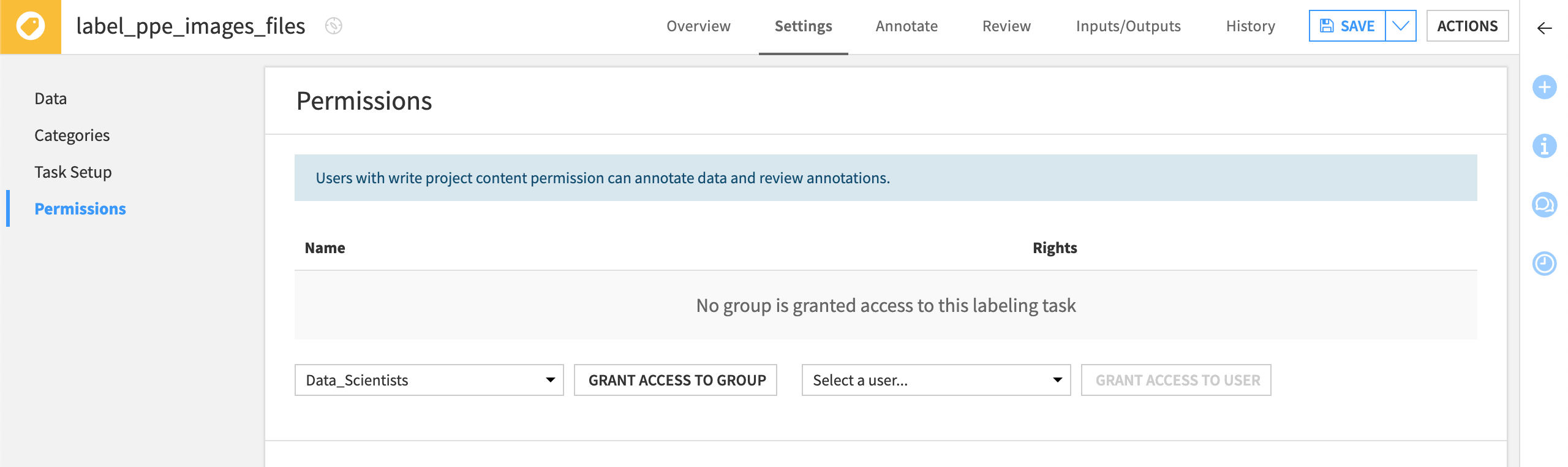 The Permissions page to grant permission to users or groups.