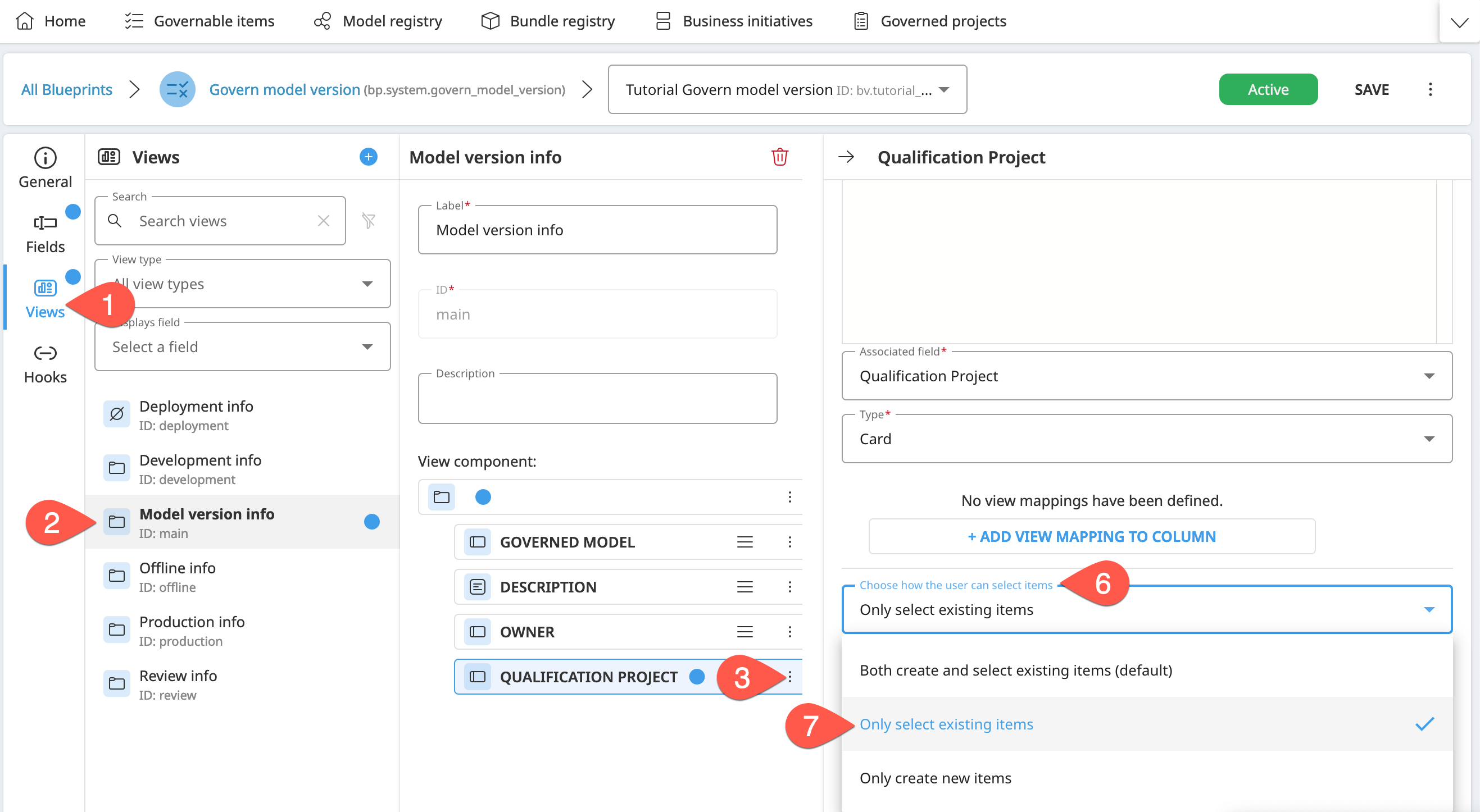 The steps to limit how a user can select items of a reference field.