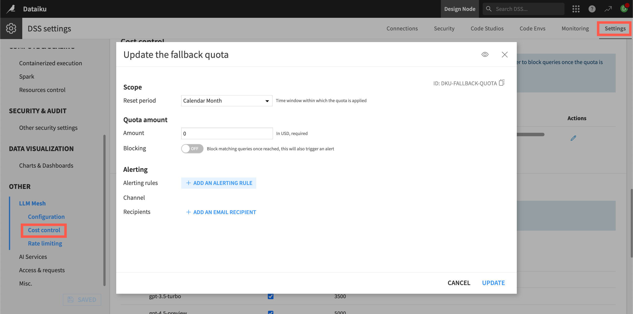 Screenshot of the LLM cost control fallback quota.