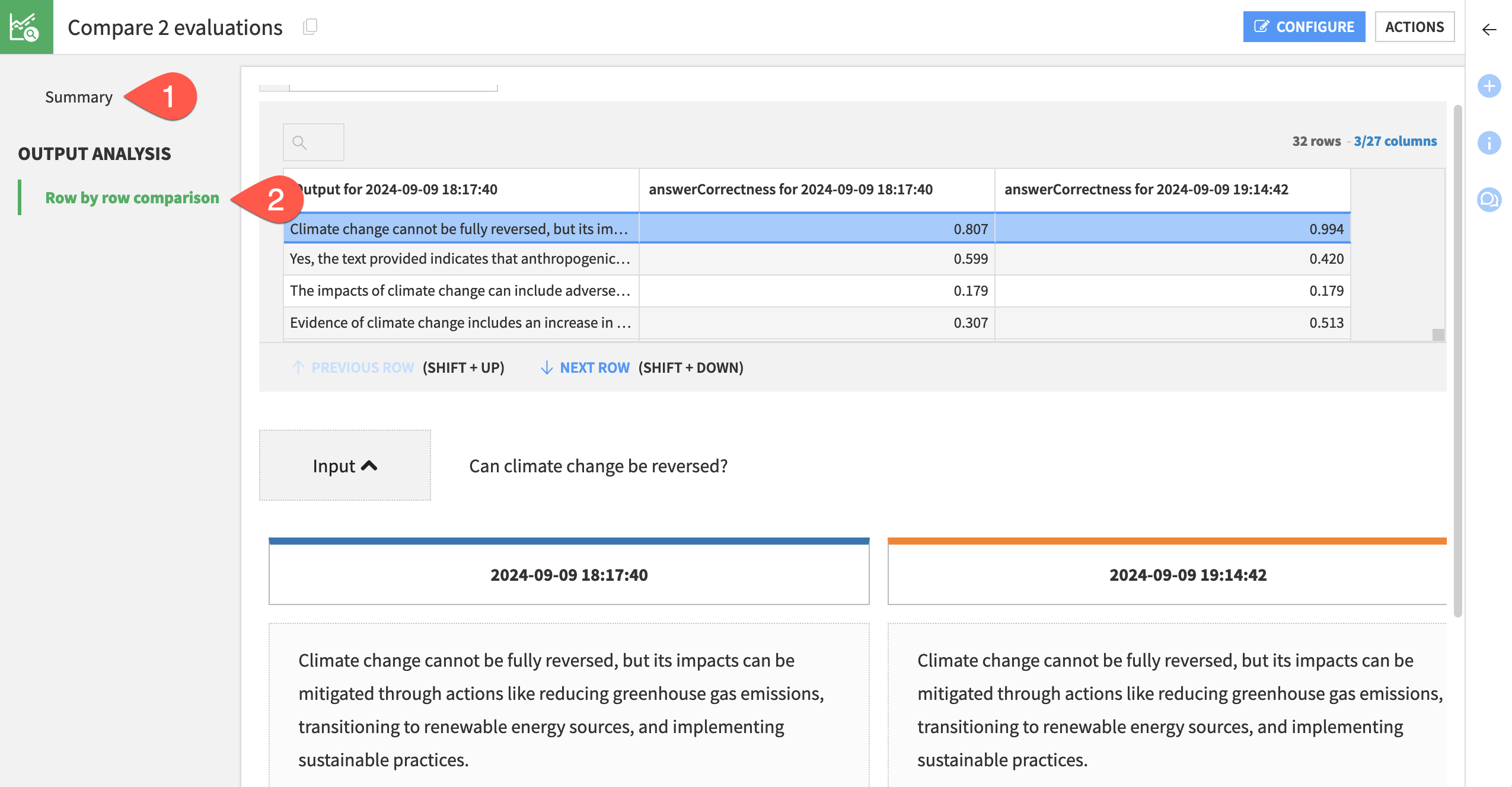 Dataiku screenshot of row by row comparison of an LLM evaluation.