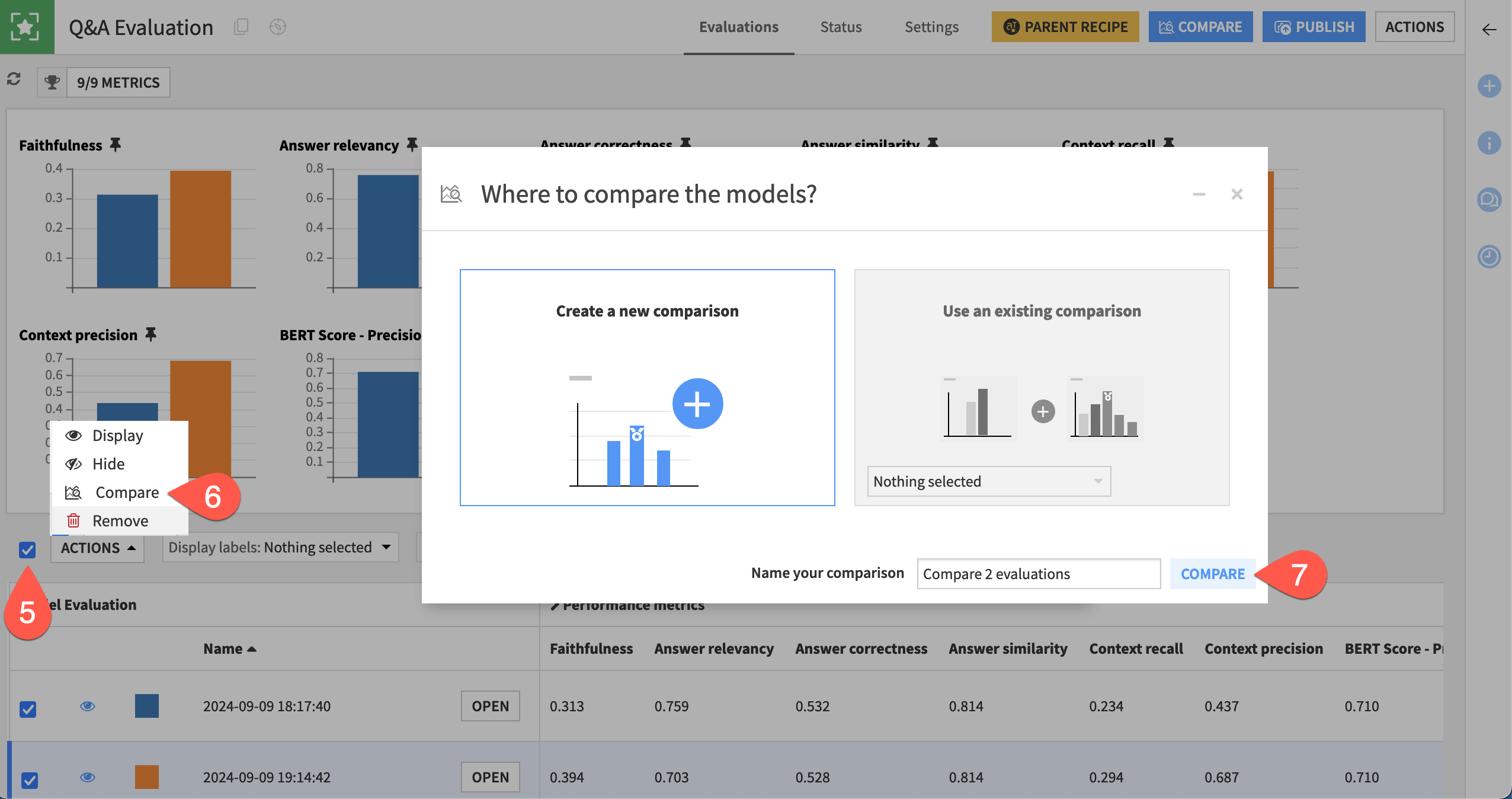 Dataiku screenshot of the dialog for an LLM comparison.