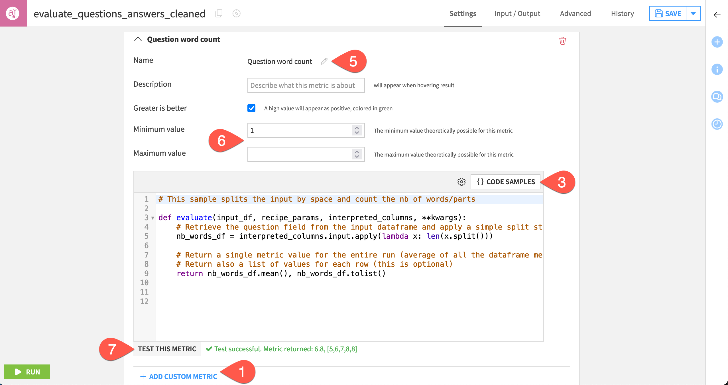 Dataiku screenshot of a custom metric in the Evaluate LLM recipe.