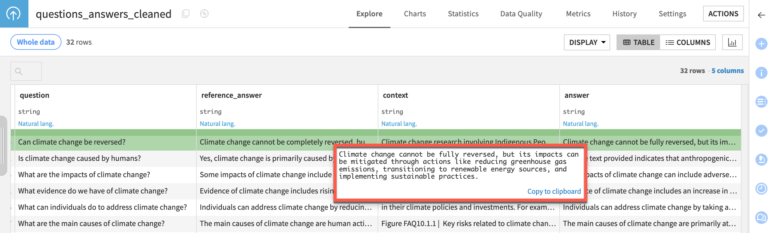 Dataiku screenshot of the starting data for the Evaluate LLM tutorial.