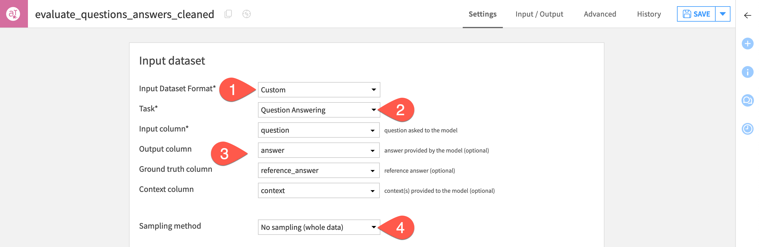 Dataiku screenshot of the input dataset tile of an Evaluate LLM recipe.