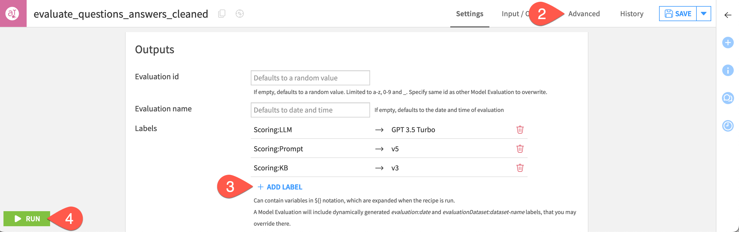 Dataiku screenshot of the labels section of an Evaluate LLM recipe.