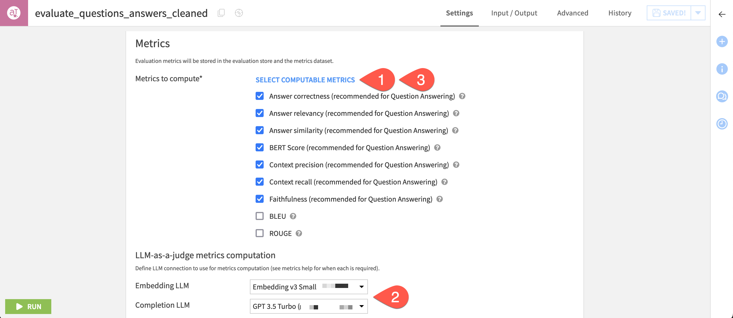 Dataiku screenshot of the outputs configuration for an Evaluate LLM recipe.